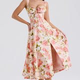 Margot | Pink Floral Lace-Up Side Split Midi Dress