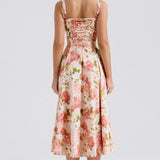 Margot | Pink Floral Lace-Up Side Split Midi Dress