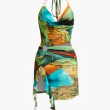 Mariselle | Halter-Neck Art Print Mini Dress with Asymmetrical Side Split
