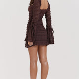 Rosalie | Elegant Brown Floral Lace Mini Dress with Drawstring Bust