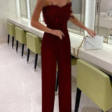 Ivy | Strapless Jumpsuit with Feather Detail and Wide Legs