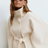 Women's Winter Cape Coat with High Collar and Tie Belt – Wide-Sleeve Wrap Coat