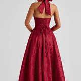 Evelyn | Sleeveless jacquard maxi dress with halter neckline