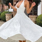 Evelyn | Sleeveless jacquard maxi dress with halter neckline