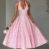 Evelyn | Sleeveless jacquard maxi dress with halter neckline