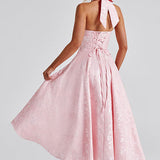 Evelyn | Sleeveless jacquard maxi dress with halter neckline