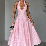 Evelyn | Sleeveless jacquard maxi dress with halter neckline