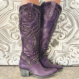 Women's Studded Western Knee-High Boots with Chunky Heel – Pointed Toe Cowboy Boots