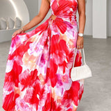 Velanique | One-Shoulder Pleated Floral Dress