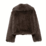 Women's Cropped Faux Fur Jacket with Wide Lapel Collar – Plush Winter Coat