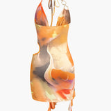 Mariselle | Halter-Neck Art Print Mini Dress with Asymmetrical Side Split