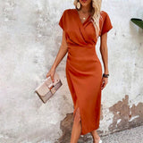 Seraphina | Satin-Effect V-Neck Midi Summer Dress with Split Detail