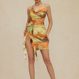 Mariselle | Halter-Neck Art Print Mini Dress with Asymmetrical Side Split