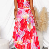 Velanique | One-Shoulder Pleated Floral Dress