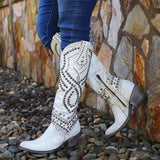 Women's Studded Western Knee-High Boots with Chunky Heel – Pointed Toe Cowboy Boots
