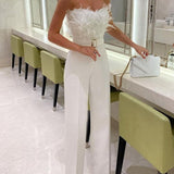 Ivy | Strapless Jumpsuit with Feather Detail and Wide Legs