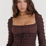 Rosalie | Elegant Brown Floral Lace Mini Dress with Drawstring Bust