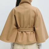 Women's Winter Cape Coat with High Collar and Tie Belt – Wide-Sleeve Wrap Coat