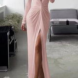 Ffion | Pleated V-Neck Dress with Elegant Regular Fit