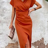 Seraphina | Satin-Effect V-Neck Midi Summer Dress with Split Detail
