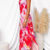 Velanique | One-Shoulder Pleated Floral Dress