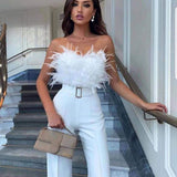 Ivy | Strapless Jumpsuit with Feather Detail and Wide Legs
