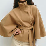 Women's Winter Cape Coat with High Collar and Tie Belt – Wide-Sleeve Wrap Coat