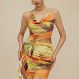 Mariselle | Halter-Neck Art Print Mini Dress with Asymmetrical Side Split