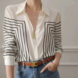 Lyliana | Striped Lapel Blouse with Elegant Finish