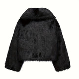 Women's Cropped Faux Fur Jacket with Wide Lapel Collar – Plush Winter Coat