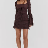 Rosalie | Elegant Brown Floral Lace Mini Dress with Drawstring Bust