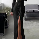 Ffion | Pleated V-Neck Dress with Elegant Regular Fit