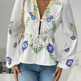 Camille | Floral V-Neck Blouse with Lantern Sleeves