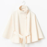 Women's Winter Cape Coat with High Collar and Tie Belt – Wide-Sleeve Wrap Coat