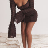 Rosalie | Elegant Brown Floral Lace Mini Dress with Drawstring Bust
