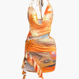 Mariselle | Halter-Neck Art Print Mini Dress with Asymmetrical Side Split