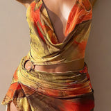 Mariselle | Halter-Neck Art Print Mini Dress with Asymmetrical Side Split