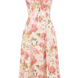 Margot | Pink Floral Lace-Up Side Split Midi Dress