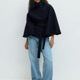 Women's Winter Cape Coat with High Collar and Tie Belt – Wide-Sleeve Wrap Coat