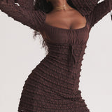 Rosalie | Elegant Brown Floral Lace Mini Dress with Drawstring Bust
