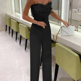 Ivy | Strapless Jumpsuit with Feather Detail and Wide Legs