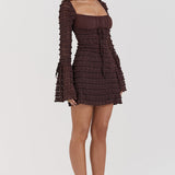 Rosalie | Elegant Brown Floral Lace Mini Dress with Drawstring Bust