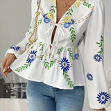 Camille | Floral V-Neck Blouse with Lantern Sleeves
