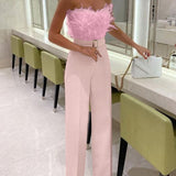 Ivy | Strapless Jumpsuit with Feather Detail and Wide Legs