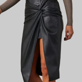 Amara | Asymmetrical Midi Skirt in Vegan Leather