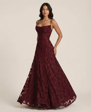 Women's Floral Textured Maxi Dress with Cowl Neck and Lace-Up Back – Strappy A-Line Evening Gown for Winter Weddings and Occasions