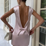 Amaris | Satin Summer Dress with Open Back and Bow Detail