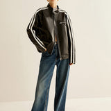 Torvyn | Black Leather Jacket with Contrasting White Stripes