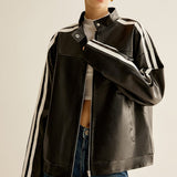 Torvyn | Black Leather Jacket with Contrasting White Stripes