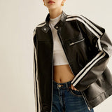 Torvyn | Black Leather Jacket with Contrasting White Stripes